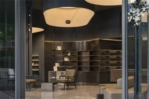 A modern living space with a black and white color scheme, featuring a large bookshelf, two chairs, and a couch, with numerous books suggesting a love of reading or literature
