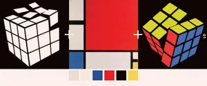 Abstract artwork featuring a red square on a white background with smaller colored squares scattered throughout