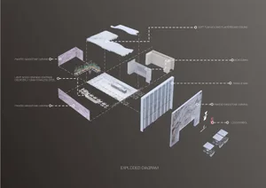 一個大型室內空間，包含多個房間、牆壁、門窗，以及散置的椅子，傳達出組織與功能的感覺