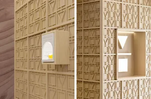 Interior design project featuring wooden walls, a small window, and a doorway with two bottles on the wooden surface, creating a warm and inviting atmosphere