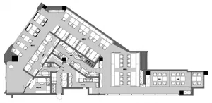 現代辦公空間的 2D 平面圖，包含多間辦公室與會議區，具備門窗及建築元素