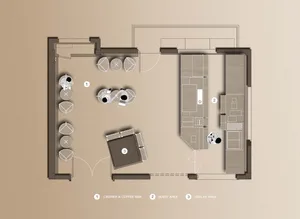A warm and inviting coffee shop interior with dining tables, chairs, and decorative vases, perfect for enjoying a cup of coffee in a comfortable environment