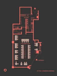 2D floor plan of a modern restaurant with labeled rooms and spaces, featuring a kitchen, dining area, and customer zone