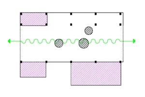A hotel lobby with a large open space, multiple rooms, and hallways, featuring round decorative elements and a focus on functionality and aesthetics