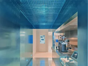 Modern kitchen with stainless steel surfaces, a blue ceiling, and appliances such as a coffee maker, microwave, and oven