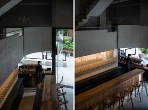 A cozy bar area with wooden countertops, chairs, and bottles, creating a warm and inviting atmosphere for socializing
