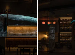 A modern bar with a cozy atmosphere, featuring a large screen displaying ocean waves, and an exterior view of the bar at night with a warm glow