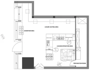 Black and white floor plan of a minimalist building with open spaces, rooms, and labels