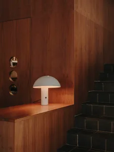 A warm and inviting interior space with a wooden table and a unique globe-shaped lamp, surrounded by cozy wooden elements