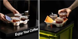 A kitchen or dining area with a countertop featuring various cups and bowls, and a person reaching for a cup from a container