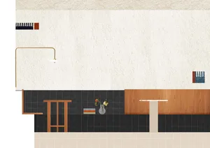 A modern kitchen with a wooden table, chairs, and a sink, featuring vases and books, with a focus on practicality and organization