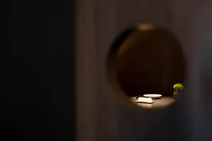 A dimly lit room with a unique wooden door and two white plates on a table