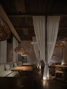 Modern restaurant interior with wooden floors and tables, chairs, and a stylish atmosphere