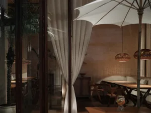 Modern restaurant interior with wooden tables and chairs, well-lit and inviting
