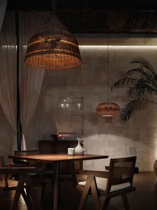 A cozy dining space with a wooden table surrounded by chairs, a potted plant, and a warm atmosphere
