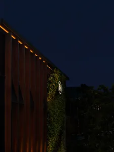 A modern building with a green stone/concrete wall and a wooden exterior, set against a nighttime background