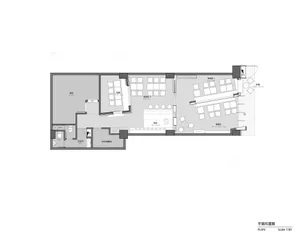 2D floor plan of a modern hotel with a dining area, kitchen, and multiple bedrooms, featuring clear labels and measurements
