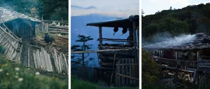 Three images of wooden, stone, and log structures in a mountainous area, showcasing rural life and natural surroundings