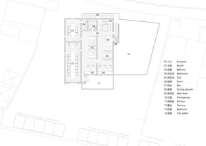 2D floor plan of a modern office complex with various rooms and spaces, including a lobby, dining area, and multiple offices, with room numbers, dimensions, and connections