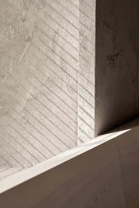 A modern indoor space with a concrete wall and a wooden surface, featuring a shadow cast on the wall, in a bright and well-lit atmosphere