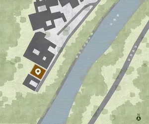 A rendered scene of a building near a river with a mix of gray and brown tones, giving it an aged appearance