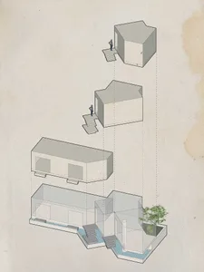 2D floor plan of a modern building with various levels, stairs, doors, and windows