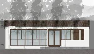 A rendered image of a house with a wooden exterior, large window, and natural surroundings, suggesting a bright and welcoming interior