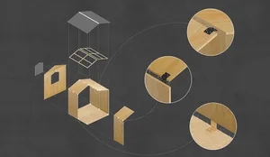 A minimalist wooden furniture design featuring various views of a table or cabinet with a warm and natural appearance