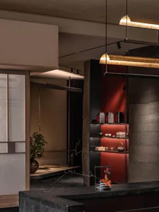 A stylish showroom with a red accent wall, black shelf, vases, bowls, and potted plants creating a warm and inviting atmosphere