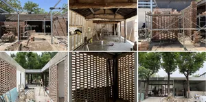 Four images showcasing the construction process of a building with brick walls, windows, doors, and workers on site