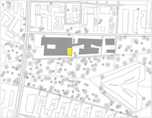 田野中寧靜的現代住宅場景，黃色小屋周圍環繞中性色調與自然光線