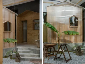 Exterior view of a wooden house with a banana tree in front, and interior view of a living area with a dining table and potted plants