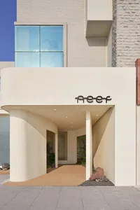 A white building entrance with two potted plants, one on either side, creating a welcoming atmosphere