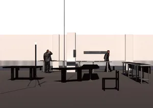 Casual dining space with a table and chairs, two men standing in front, inviting atmosphere