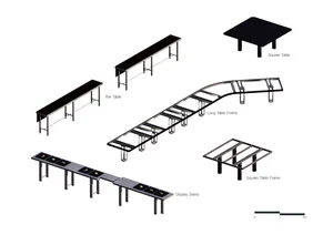 A display of tables with different shapes and sizes, accompanied by descriptions of their features, such as number of legs, height, and presence of a bar