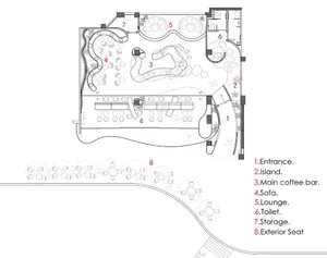 2D floor plan of a spacious building featuring multiple seating areas, dining tables, and two pools, with various amenities and labels