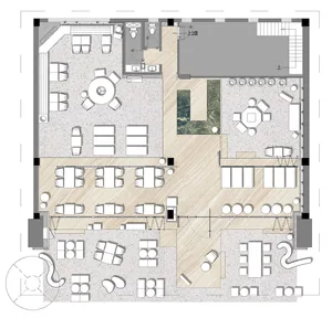 Comprehensive floor plan of a large building with diverse styles and materials, featuring chairs and various rooms