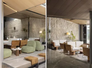 Comfortable living space with multiple seating areas, decorative elements, and potted plants