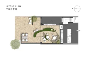 2D floor plan of a house with modern and traditional elements, featuring a dining area, kitchen, living room, and bedrooms, with hallways and open spaces, constructed with concrete and wood