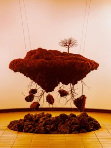 A clay sculpture of a tree in a forest setting with intricate branches and roots, evoking a sense of tranquility and connection to nature