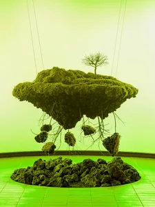A surreal and imaginative scene of a tree growing in a rocky environment with natural sunlight and earth tones