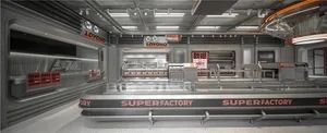 Industrial kitchen with stainless steel countertops, multiple ovens, and refrigerators, suggesting a commercial or industrial setup
