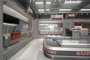Industrial kitchen with stainless steel appliances, clean and well-organized, with refrigerators, oven, sink, and microwave