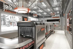Industrial kitchen with stainless steel appliances, ovens, and refrigerators in a modern functional space