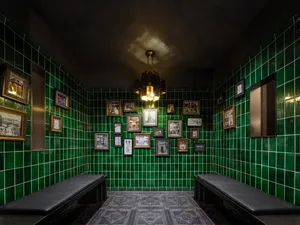 A well-lit bathroom with green tiles, a bench, and wall decorations, creating a bright and inviting atmosphere