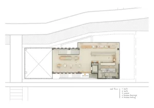 2D floor plan of a modern open-plan space with a kitchen area and living room, featuring linework, labels, and measurements