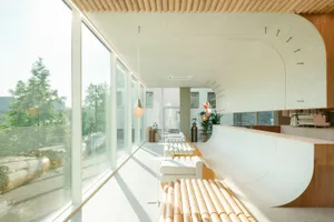 A large open space with a high ceiling, featuring a long wooden and bamboo bench, potted plants, and plenty of natural light