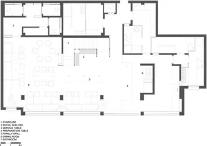 2D floor plan of a modern home with various rooms, doorways, windows, and furniture placement