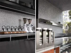 A kitchen counter with multiple coffee makers, bottles, cups, and bowls, with a second image showing the same counter empty