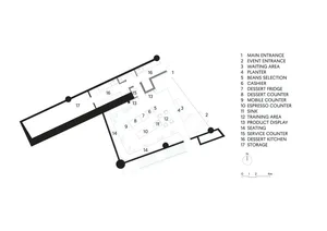 Architectural floor plan of a modern restaurant with labeled dining, kitchen, storage, and other functional areas
